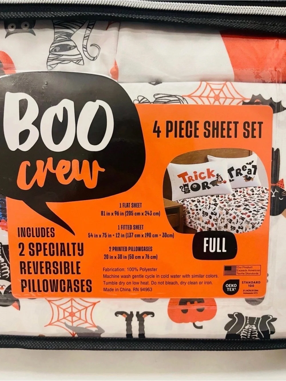 Boo Crew Halloween Full Size Sheet Set Cats Skulls Cobwebs Spiders Owls Dog Cat